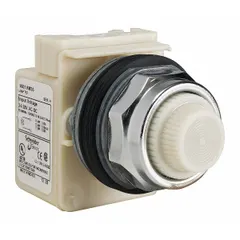 30 mm panel-mounting incandescent pilot light with a white lens. Provides visual indication of equipment status in industrial control panels. No push-to-test function included. Part of the 9001K series.