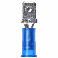 Male tab quick disconnect with blue nylon partial insulation. Accepts 16 AWG to 14 AWG wire. Used for making secure, removable electrical connections in control panels, appliances, and automotive wiring where partial insulation is sufficient.