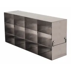 This stainless steel freezer rack is designed for organizing items in freezer environments. It includes handles for easy access and measures 21 5/8 inches in overall length and 5 1/2 inches in overall width. Suitable for use in cold storage facilities, laboratories, and commercial kitchens.