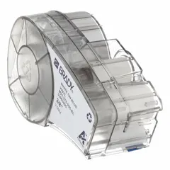 Continuous thermal transfer label roll with ribbon in cartridge, 3/8 in label width, 21 ft roll length. Autoclavable vinyl with gloss finish. For use with BMP21-PLUS printer series. Suitable for labeling items requiring repeated sterilization.