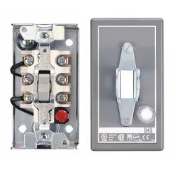 Three-pole enclosed manual motor switch rated 30 A at 600V AC. Housed in a painted steel surface-mount enclosure with NEMA 1 rating. Includes a red pilot light for 440-600V AC to indicate power status. Used for local on/off control of motors in industrial applications.