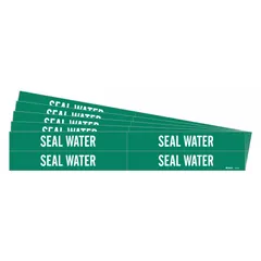 These adhesive pipe markers feature a green background with white legend reading 'Seal Water' and are designed for pipes with outer diameters from 3/4 to 2-3/8 inches. Each pack contains 4 markers without arrows, and the product is supplied as a 5-pack. They are used to identify pipes carrying seal water in industrial piping systems.