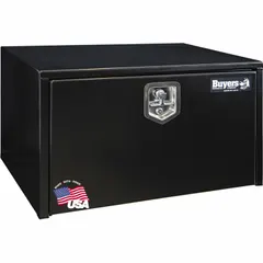 This single drop-down door box from BUYERS PRODUCTS is finished in gloss black and features a keyed lock for security. Designed for underbody mounting on trucks, it provides organized storage for tools and equipment during transport.