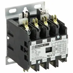 Three-phase, 4-pole definite purpose contactor with 4 normally open main poles. Rated 30 A, 600V AC maximum. Coil voltage 110/120V AC. Terminals are quick-disconnect type. Suitable for switching HVACR loads such as compressors, condenser fans, and other three-phase equipment in commercial and industrial systems.