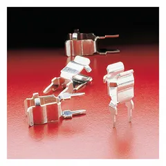 PCB through-hole mounting clip for 1/4 in diameter cylindrical fuses. Provides secure electrical connection and mechanical retention on printed circuit boards. Commonly used in power supplies, control panels, and equipment protection circuits.
