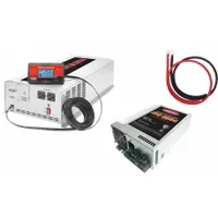 Multi-unit inverter with integrated battery charger. Converts 10.5-15V DC to 120V AC modified sine wave with 5000W peak output. Charger operates from 105-130V AC input, delivering 13.2-14.4V DC for battery charging. Suitable for powering tools, pumps, and controls in mobile or backup power applications