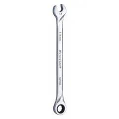 This 13 mm metric 12-point ratcheting combination wrench is made of alloy steel with a chrome finish. It has a standard rounded head design and an overall length of 8 5/8 inches. Suitable for tightening or loosening fasteners in automotive, mechanical, and industrial maintenance applications.