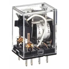 Plug-in relay from the MY Series with a square base and flat pins. Features DPDT contacts, 5 A rating, 24V DC coil, and 2 A inductive load capacity. Quick-connect terminals for easy wiring. Suitable for switching loads in control panels and automation systems.