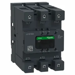 Non-reversing IEC contactor with 3 poles and 3 normally open contacts, rated 150 A. Coil voltage 240V AC or 480V AC. Includes integrated surge suppression. Used for switching and controlling three-phase loads such as motors, lighting, and power circuits in industrial applications.