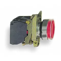 Momentary illuminated push button from the XB4 series with a flush metallic profile. Features a 22 mm mounting diameter and 1NO/1NC contact configuration. Suitable for use as a control switch in industrial control panels, machinery, and automation systems.
