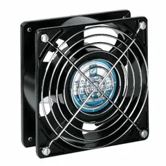Standard square axial fan with plastic housing, 115V AC operation, and lead wire connections. Measures 4 3/4 inches in height and 1 1/2 inches in depth. Suitable for general ventilation and cooling in electrical enclosures, control panels, and industrial equipment where low-resistance airflow is required.