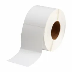 Thermal transfer precut label roll with acrylic permanent adhesive, designed for use with the i6100 printer series. Each label measures 4 in x 4 in, with 1,400 labels per roll. Suitable for industrial identification, asset tracking, and safety labeling on surfaces such as electrical panels, equipment tags, and pipe markers.