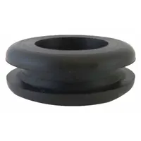 This Style 1 grommet is made of SBR rubber with a hardness of 60A, featuring a 0.75 in inside diameter and 1.81 in outside diameter. It is abrasion resistant and meets ASTM D2000 M6AA607 standards. Commonly used to protect cables and hoses passing through metal panels in industrial machinery and electrical enclosures