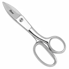 These all-metal scissors feature a serrated, pointed steel blade with a silver finish, designed for cutting thick and tough materials. The right-hand orientation accommodates standard hand preference. Typical applications include cutting textiles, upholstery, and general fabrication materials.
