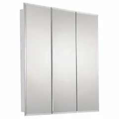 Stainless steel mirrored medicine cabinet with beveled edge glass mirror. Overall dimensions: 24 in height, 24 in width, 4 3/4 in depth. Suitable for bathroom storage and grooming in residential or commercial washroom applications.