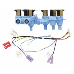 This water inlet valve controls the flow of cold and hot water into washing machines and dryers. It opens and closes to fill the appliance tub during wash and rinse cycles. Suitable for use in residential laundry appliances.