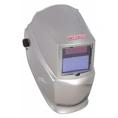 Auto-darkening welding helmet in gray nylon with a W10 shade designation and a 3.82 x 1.85 inch viewing area. Features two arc sensors and analog ADF controls for automatic lens darkening when an arc is struck. Equipped with a ratchet suspension adjustment for secure fit. Suitable for MIG, TIG, and stick welding applications.