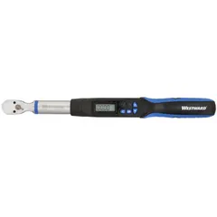This electronic torque wrench features a standard head and a torque range of 5 to 99.5 ft-lb. It offers selectable units including Centimeter-Kilogram, Foot-Pound, Inch-Pound, and Newton-Meter, with audible and visual indication. Includes NIST and TAF certification. Suitable for precision fastening in applications where accurate torque is required.