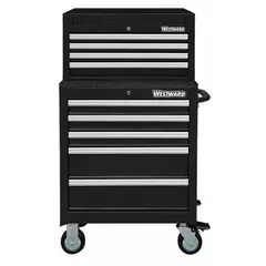 This light-duty combination unit includes a top chest and rolling cabinet with 9 drawers equipped with ball-bearing slides for smooth operation. The keyed locking system secures tools and small parts. Finished in black powder coating, the top chest measures 26 in W x 16-1/2 in D x 18-1/2 in H. Suitable for organizing hand tools and accessories in workshops, garages, and maintenance areas.