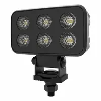 Rectangular LED floodlight for permanent vehicle mounting. White housing with bracket. 2-conductor cable with connectors for electrical connection. Provides illumination for work areas, maintenance tasks, and loading zones