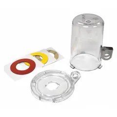 Clear lockout device with removable cover for push buttons up to 0.63 inches in diameter. Measures 3.13 inches by 2.5 inches by 2.5 inches. Used to isolate push-button-operated equipment during maintenance, providing visual confirmation of lockout status.