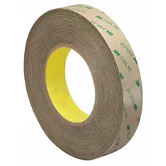 3M 9472LE is a general-purpose adhesive transfer tape with a permanent acrylic bond. It is 1/2 inch wide, 60 yards long, and 5.2 mil thick. The tape is transparent and supplied on a polycoated kraft paper liner. Typical applications include bonding nameplates, gaskets, and trim in industrial assembly.