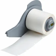 Precut wraparound label roll for industrial wire, cable, and component identification. White matte polyvinyl fluoride material resists abrasion, chemicals, and extreme temperatures. Each roll contains 250 labels measuring 1 1/2 in x 1 in. Compatible with M710 printer series; requires M7-R4300 ribbon.