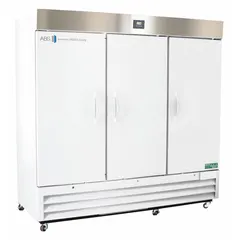 This upright lab refrigerator provides 72 cu ft of storage capacity with a temperature range of 1°C to 10°C, suitable for general purpose storage of temperature-sensitive materials. It features three solid swing doors with right-hand opening, a white exterior, and a temperature alarm. The unit uses R-290 refrigerant and has an overall depth of 34 in.