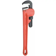 Straight pipe wrench with cast iron body and serrated jaw for gripping pipes, fittings, and round stock. I-Beam design provides strength. Overall length 24 in, jaw capacity 3 in. Suitable for plumbing, HVAC, and general maintenance tasks.