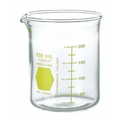 Low form beaker made from Type I borosilicate glass with a 150 mL (5.07 fl oz) capacity. Yellow color coding aids identification and organization in laboratory settings. Suitable for mixing, heating, and measuring liquids in general lab work.