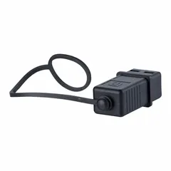 Black plastic protective cap designed for V4 plugs in data and network interface applications. Provides IP67, IP6X, and IPX7 ingress protection against dust and water. Suitable for sealing connector interfaces in industrial environments.