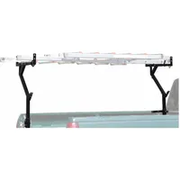 Black steel ladder rack with adjustable design, measuring 1-3/4 in length, 28 in width, and 39-1/2 in height. Used for transporting ladders, pipes, and long materials on truck beds