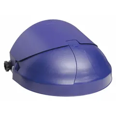 This 3M crown is a blue plastic headgear designed for stand-alone face shields. It features a ratchet suspension adjustment for secure fit and a slotted attachment type for easy shield mounting. Suitable for industrial environments requiring face protection.