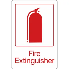 This acrylic fire extinguisher sign measures 9 inches by 6 inches and features adhesive mounting for quick installation on walls or doors. It is non-retroreflective and not glow-in-the-dark, with no anti-slip surface. Suitable for marking fire extinguisher locations in indoor environments.