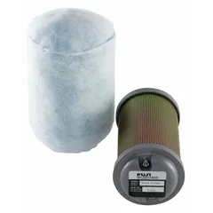 Threaded-connection inlet filter with cover for regenerative blowers. Outside diameter 3 7/8 in. Filters incoming air to protect blower from dust and debris in industrial vacuum and pressure applications.