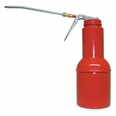 This pistol-grip oil dispenser has a 16 fl oz capacity and a rigid 6-inch spout for precise lubrication. The tin-coated steel body and steel pump with two ball valves keep the unit primed for instant use. Suitable for one-handed application of oil to machinery, bearings, chains, and tools in maintenance tasks.