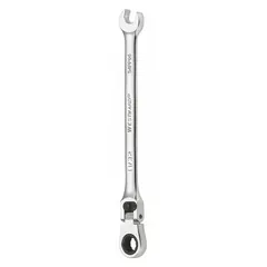 Alloy steel construction with a chrome finish. 11/32 in head size, 6 in overall length. SAE 12-point ratcheting combination wrench for tightening or loosening fasteners in confined spaces. Suitable for general maintenance and assembly tasks.