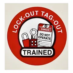 2 in diameter, non-reflective circle label with English text. Pack of 4. Identifies personnel as trained in lock-out tag-out procedures. Applied to hard hats for safety compliance in industrial environments.