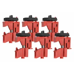 Clamp-on lockout device for circuit breakers rated 120/277V AC. Includes a slot for standard nylon cable ties. Supplied in a pack of 50. Used to secure circuit breakers in the off position during maintenance or servicing.
