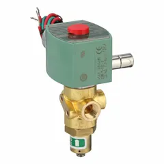 This REDHAT solenoid valve is a 3-way/2-position normally closed type with a 1/4 in pipe size and 120V AC voltage (also compatible with 110V AC). It features a watertight coil enclosure and a manual operator for temporary override. Typical applications include controlling the flow of air, water, or light oil in industrial automation and process control systems.
