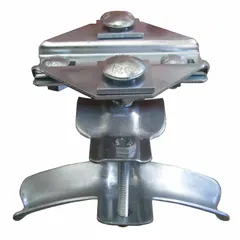 Steel fixed clamp for festoon systems, designed to secure round cables with diameters from 0.6 in to 0.94 in. Overall length of 3.97 in. Used in material handling applications such as cranes and hoists to prevent cable sagging and wear.