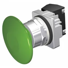 Momentary-action mushroom head push button with a 30 mm non-metallic profile and 1NO contact configuration. Features pressure plate terminal connection. Suitable for use as a control device in industrial machinery and control panels.