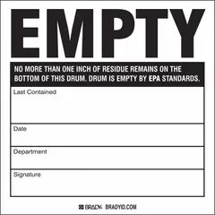 Paper label measuring 6 inches by 6 inches, sold in a pack of 100. The label states: 'No More Than One Inch of Residue Remains on the Bottom of This Drum. Drum is Empty by EPA Standards.' Used to mark drums that meet EPA empty standards for handling and shipping compliance.