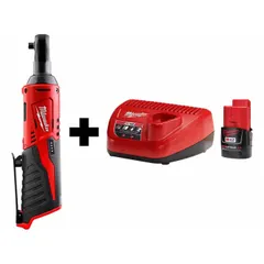 This Milwaukee M12™ cordless ratchet delivers 30 ft-lb of maximum torque at 250 RPM no-load speed. It features a brushed motor and a ball detent anvil for secure socket retention. The kit includes the model 2456-20 ratchet and the 48-59-2420 battery. Suitable for fastening and loosening bolts in confined spaces common in automotive and equipment maintenance.