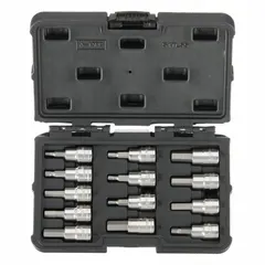 This 25-piece hex bit socket set includes 13 hex bit sockets with a 3/8 in drive size. The fixed insert design provides secure bit retention. Overall length is 1 27/32 in. Hex bit sizes range from 1/8 in to 3/8 in. Suitable for driving hex fasteners in assembly and maintenance tasks.