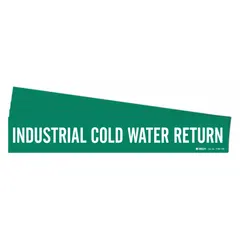 Green adhesive pipe marker with white legend reading 'Industrial Cold Water Return'. Designed for pipes with an outside diameter of 8 inches and larger. Supplied without directional arrows. Suitable for identifying return water lines in facility piping systems.