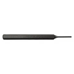 Hexagon steel punch for driving out pins, dowels, and rivets from assembled components. Shank width 1/4 in, taper length 7/8 in, overall length 4 1/2 in. Flat tip design delivers precise striking force.