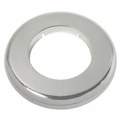 Plastic escutcheon with chrome finish. Used as a decorative trim plate to cover the gap between a faucet base and the mounting surface. Suitable for universal fit with most manufacturers' series. Sold in a 12-pack.