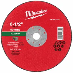Type 1 cut-off wheel for concrete and masonry. 30-grit silicon carbide abrasive. Dimensions: 6 1/2" diameter, 1/8" thickness, 5/8" arbor. Used for cutting block, brick, and stone.