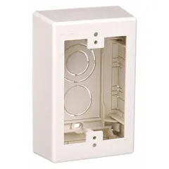 This 1-gang device box is made of off-white plastic and mounts via screw-on attachment. It is designed for use with Pan-Way® T-45 or LD Profile Raceways, providing a secure point for installing outlets, switches, or jacks in commercial wiring systems.